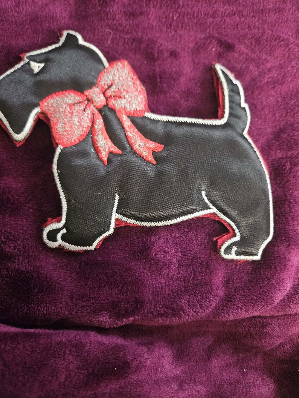Black Scottie Dog Applique with Red Glitter Bow Brooch
